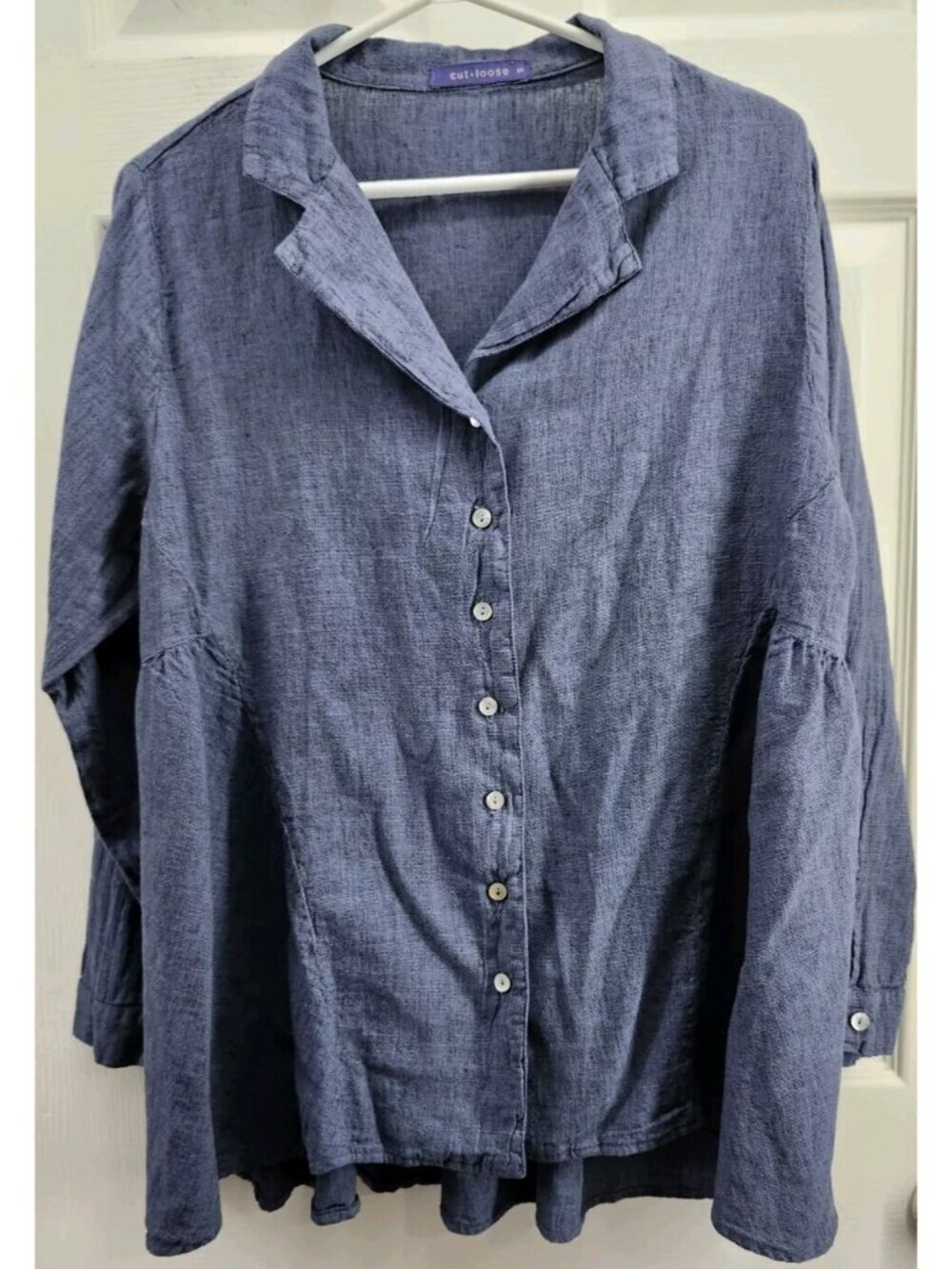 Cut Loose Linen Blend Blouse Peplum Coastal Blue Small